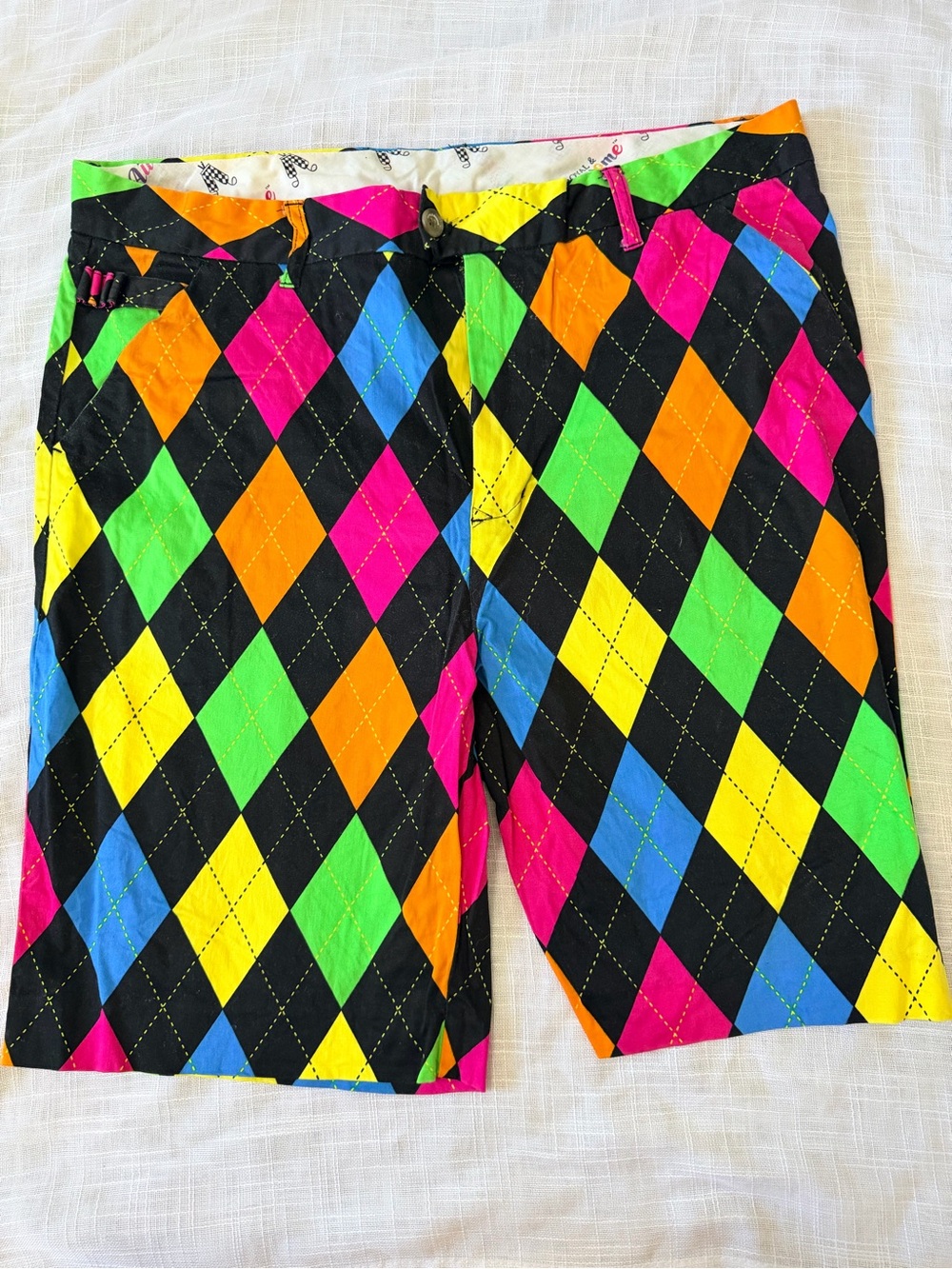 Royal & Awesome Men's Neon Argyle Golf Shorts - Black with Multi Neon Diamonds